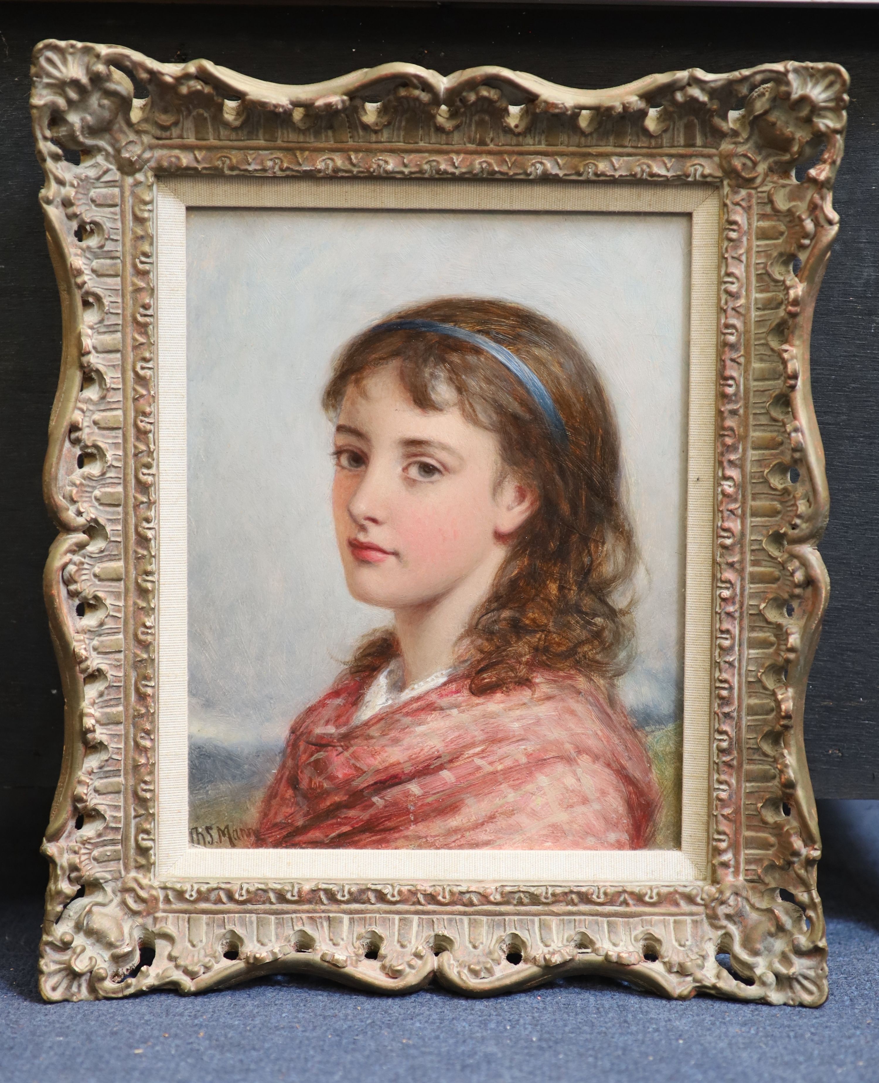 Joshua Hargrave Sams Mann (1826-1886), Portrait of a girl in a pink shawl, Oil on board, 25 x 19cm.
